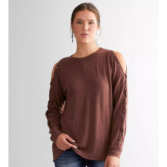 BKE Women Lace Up Top Small Brown Long Sleeve Cold Shoulder 7386S395B - Picture 1 of 10